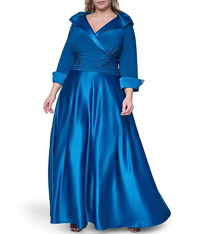 Jessica Howard Plus Size 3/4 Sleeve Rhinestone Cuff Surplice Neck Ruched Waist Long Dress