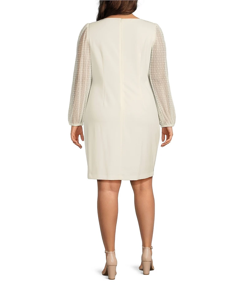 Jessica Howard Plus Size Boat Neck Long Dotted Illusion Sleeve Scuba Crepe Sheath Dress