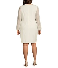 Jessica Howard Plus Size Boat Neck Long Dotted Illusion Sleeve Scuba Crepe Sheath Dress