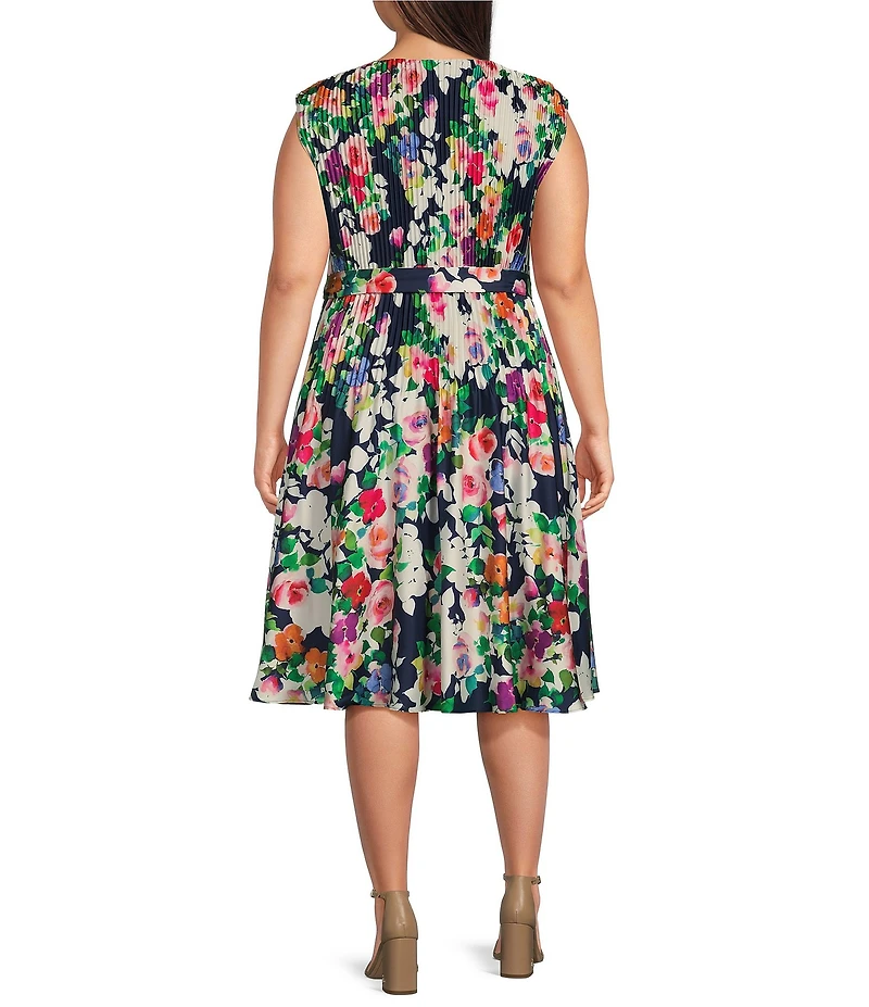 Jessica Howard Plus Size Cap Sleeve V-Neck Tie Waist Floral Pleated Dress
