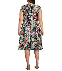 Jessica Howard Plus Size Cap Sleeve V-Neck Tie Waist Floral Pleated Dress