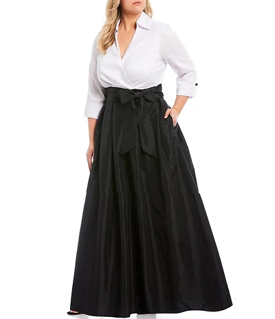 Jessica Howard Plus Size Color Block Notch Collar Taffeta Ball Gown