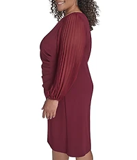 Jessica Howard Plus Size Crepe Chiffon Pleated Long Sleeve Side Tuck Sheath Dress