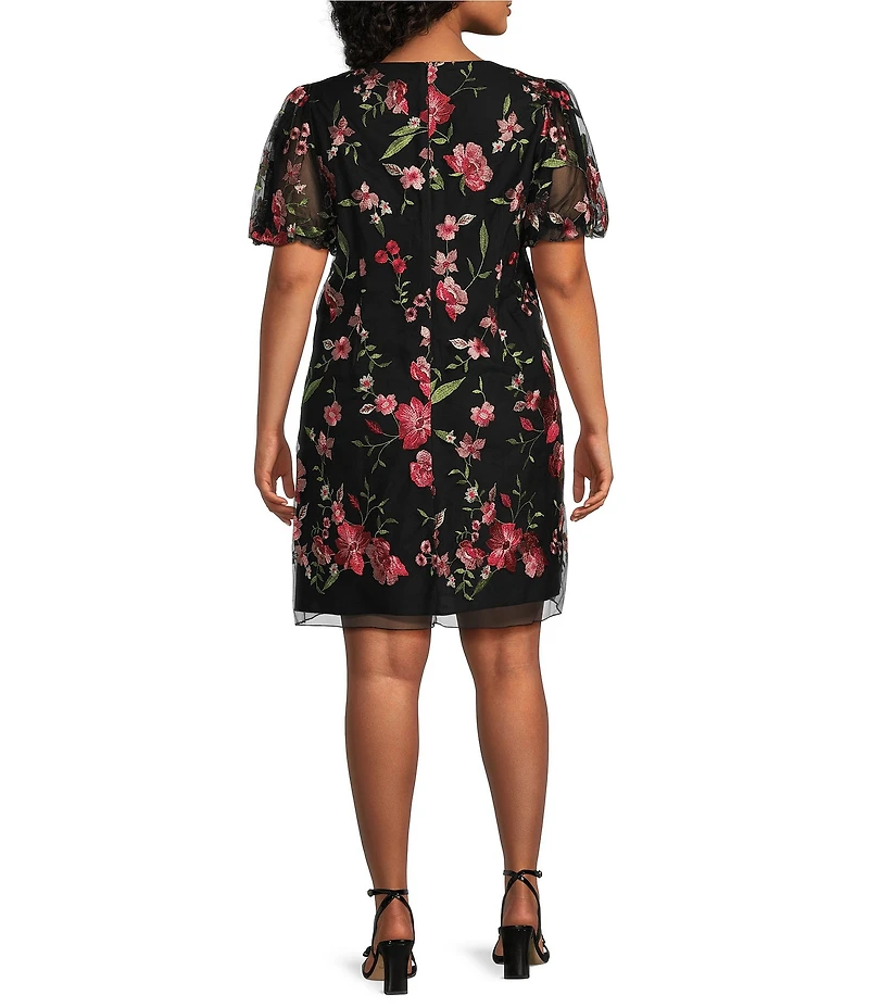 Jessica Howard Plus Size Embroidered Mesh V-Neck Bubble Sleeve Sheath Dress