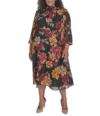 Jessica Howard Plus Size Floral Foil Chiffon Smocked Mock Neck Long Sleeve Belted Midi Dress