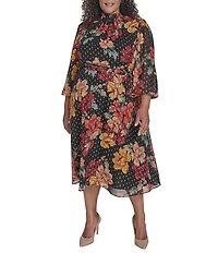 Jessica Howard Plus Size Floral Foil Chiffon Smocked Mock Neck Long Sleeve Belted Midi Dress