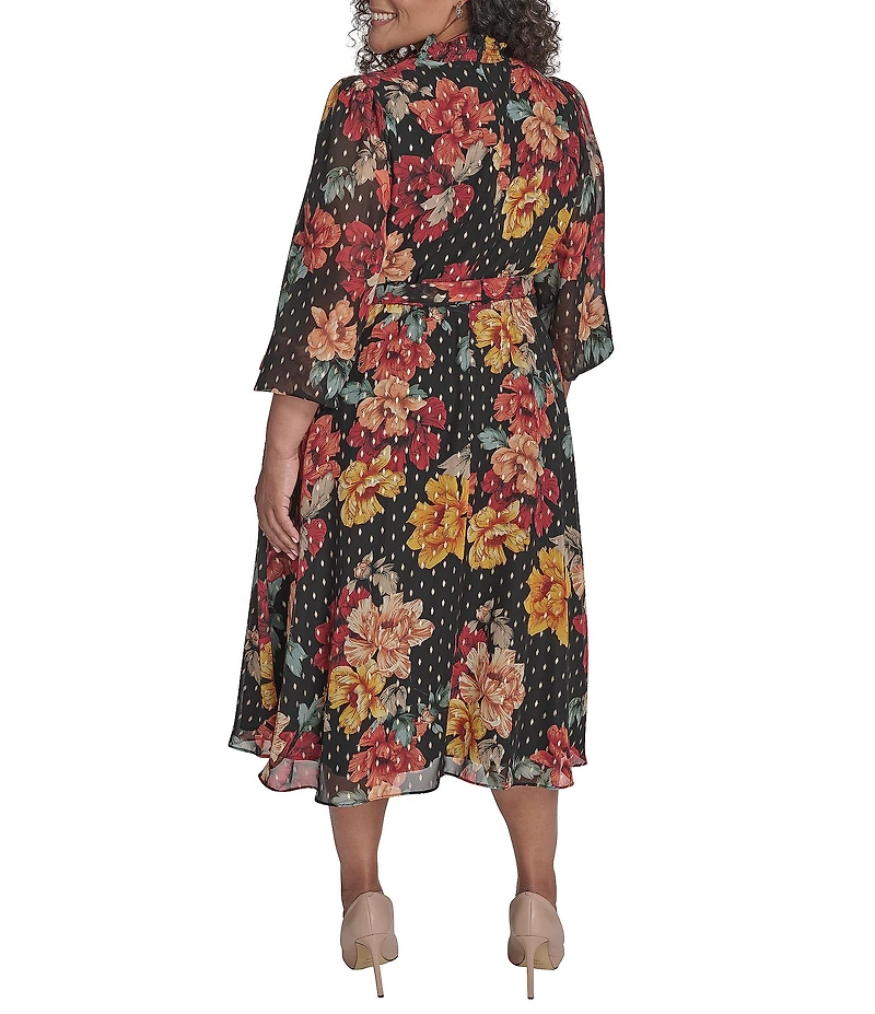Jessica Howard Plus Size Floral Foil Chiffon Smocked Mock Neck Long Sleeve Belted Midi Dress