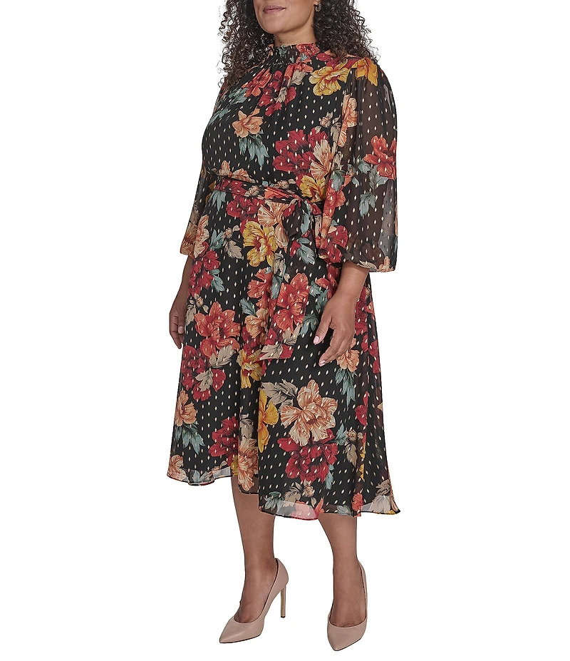 Jessica Howard Plus Size Floral Foil Chiffon Smocked Mock Neck Long Sleeve Belted Midi Dress