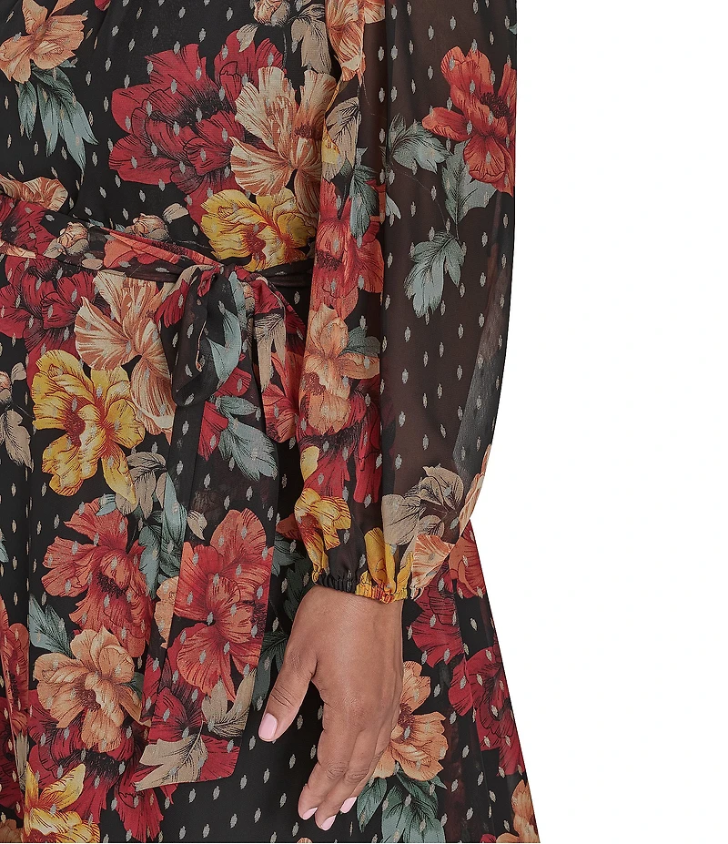 Jessica Howard Plus Size Floral Foil Chiffon Smocked Mock Neck Long Sleeve Belted Midi Dress