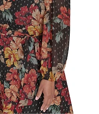 Jessica Howard Plus Size Floral Foil Chiffon Smocked Mock Neck Long Sleeve Belted Midi Dress