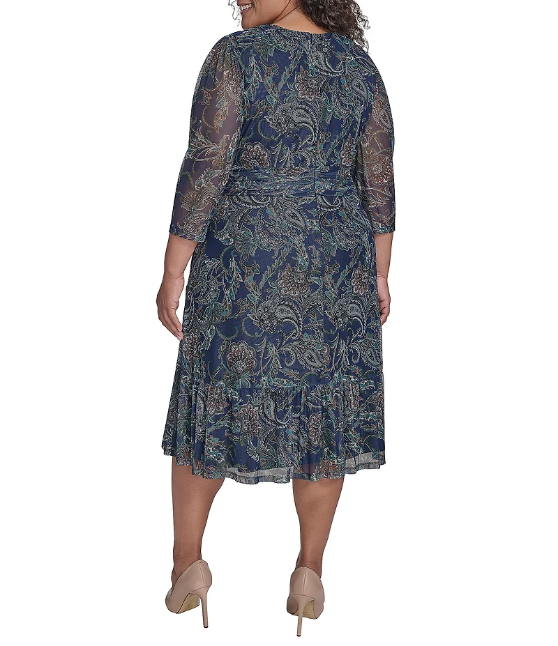 Jessica Howard Plus Size Floral Mesh Ruched Waist Midi Dress