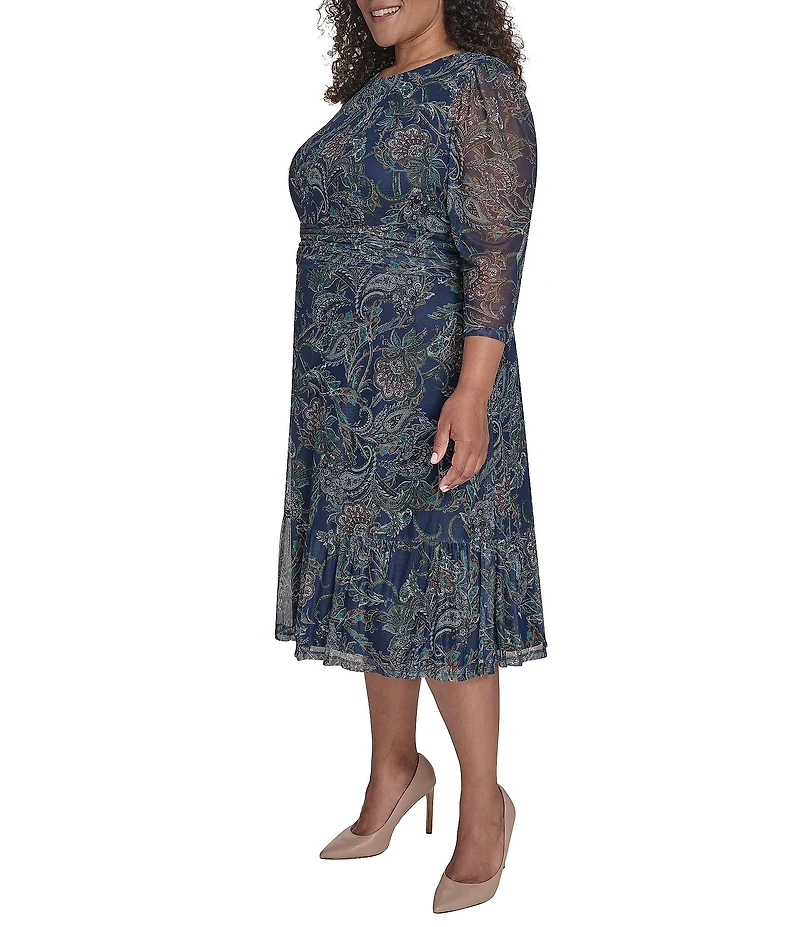 Jessica Howard Plus Size Floral Mesh Ruched Waist Midi Dress