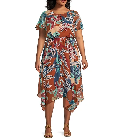 Jessica Howard Plus Size Floral Print Chiffon Blouson Dress