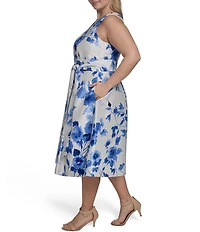 Jessica Howard Plus Size Floral Shantung V-Neck Sleeveless A-Line Midi Dress