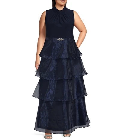 Jessica Howard Plus Size Halter Neck Organza Tiered Skirt Gown