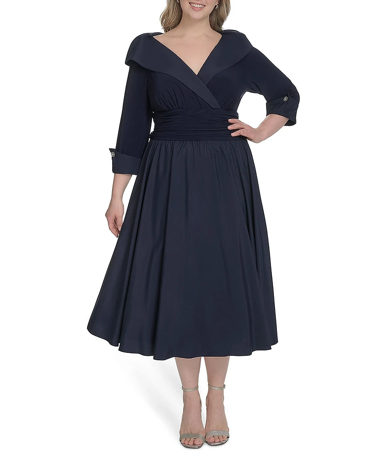 Jessica Howard Plus Size Jersey Taffeta 3/4 Sleeve Portrait Collar Ruched A-Line Midi Dress
