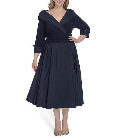 Jessica Howard Plus Size Jersey Taffeta 3/4 Sleeve Portrait Collar Ruched A-Line Midi Dress