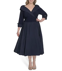 Jessica Howard Plus Size Jersey Taffeta 3/4 Sleeve Portrait Collar Ruched A-Line Midi Dress