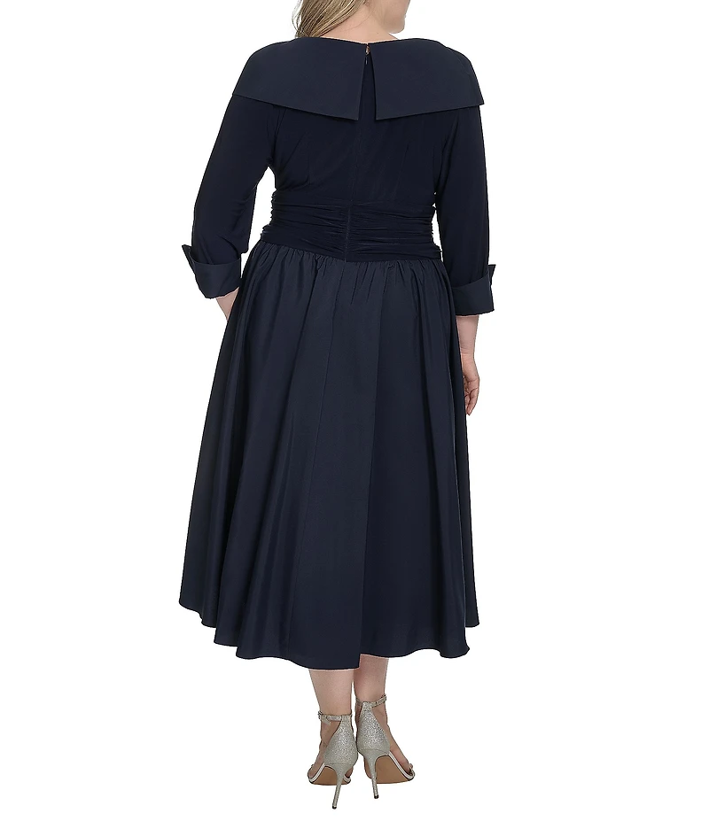 Jessica Howard Plus Size Jersey Taffeta 3/4 Sleeve Portrait Collar Ruched A-Line Midi Dress