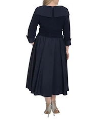 Jessica Howard Plus Size Jersey Taffeta 3/4 Sleeve Portrait Collar Ruched A-Line Midi Dress