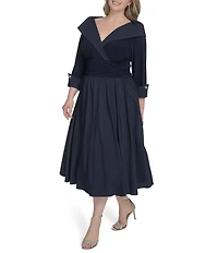 Jessica Howard Plus Size Jersey Taffeta 3/4 Sleeve Portrait Collar Ruched A-Line Midi Dress