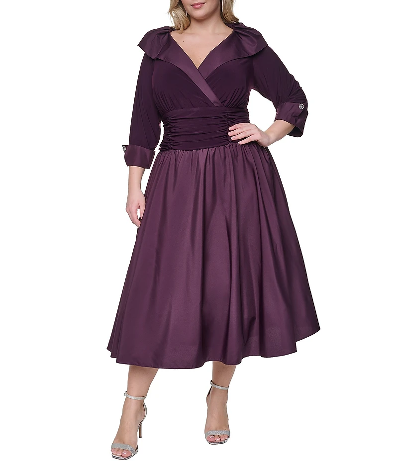 Jessica Howard Plus Size Jersey Taffeta 3/4 Sleeve Portrait Collar Ruched A-Line Midi Dress