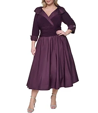 Jessica Howard Plus Size Jersey Taffeta 3/4 Sleeve Portrait Collar Ruched A-Line Midi Dress