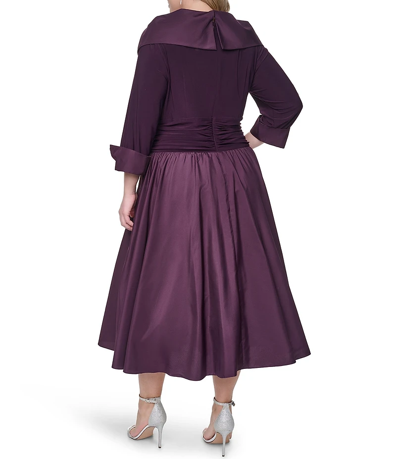 Jessica Howard Plus Size Jersey Taffeta 3/4 Sleeve Portrait Collar Ruched A-Line Midi Dress