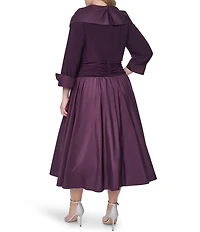 Jessica Howard Plus Size Jersey Taffeta 3/4 Sleeve Portrait Collar Ruched A-Line Midi Dress