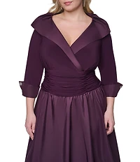 Jessica Howard Plus Size Jersey Taffeta 3/4 Sleeve Portrait Collar Ruched A-Line Midi Dress