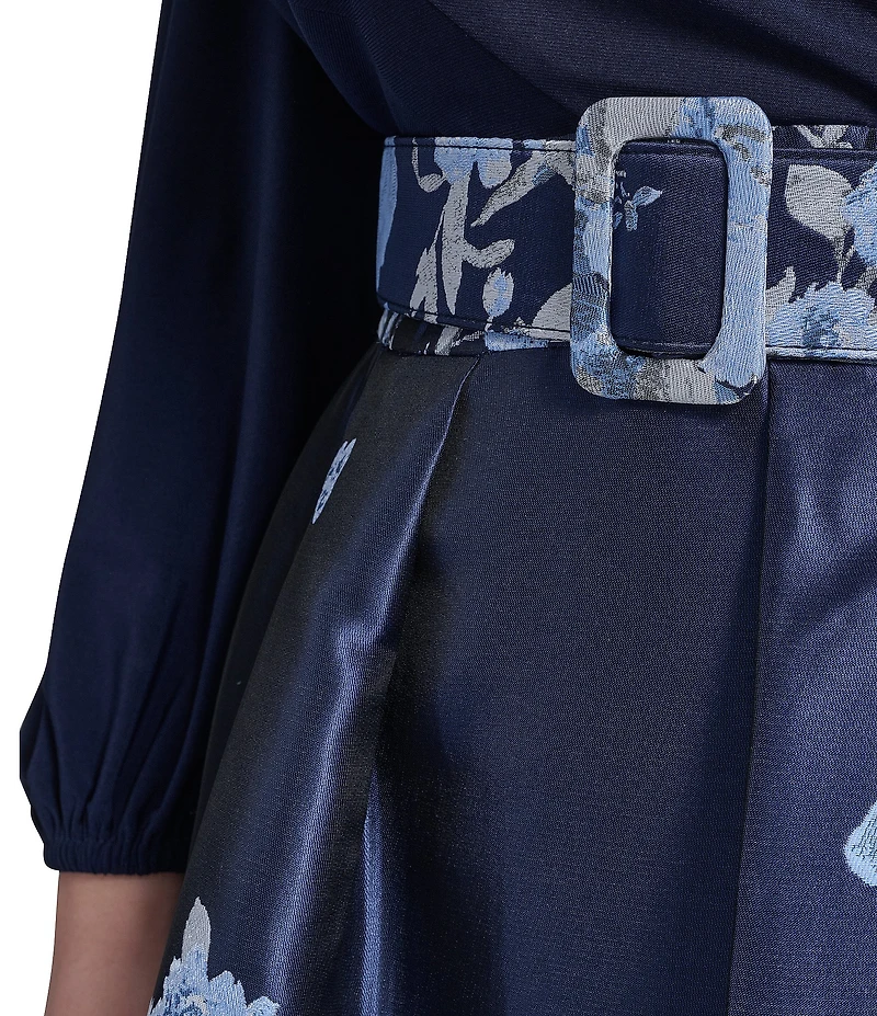 Jessica Howard Plus Size Knit Jersey Surplice Neck Long Sleeve Jacquard Floral Print Skirt Ball Gown