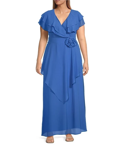 Jessica Howard Plus Size Long Ruffle Rosette Chiffon Dress