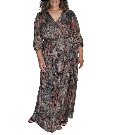 Jessica Howard Plus Size Metallic V-Neck Long Sleeve Long Gown