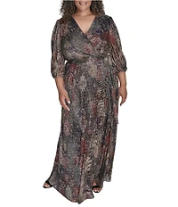Jessica Howard Plus Size Metallic V-Neck Long Sleeve Long Gown
