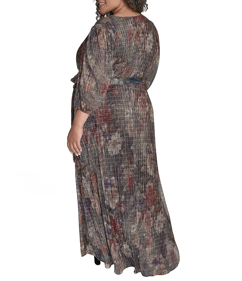 Jessica Howard Plus Size Metallic V-Neck Long Sleeve Long Gown
