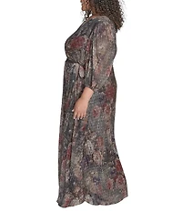 Jessica Howard Plus Size Metallic V-Neck Long Sleeve Long Gown