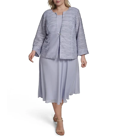Jessica Howard Plus Size Metallic Wave Knit Chiffon 3/4 Sleeve 2-Piece Jacket Dress