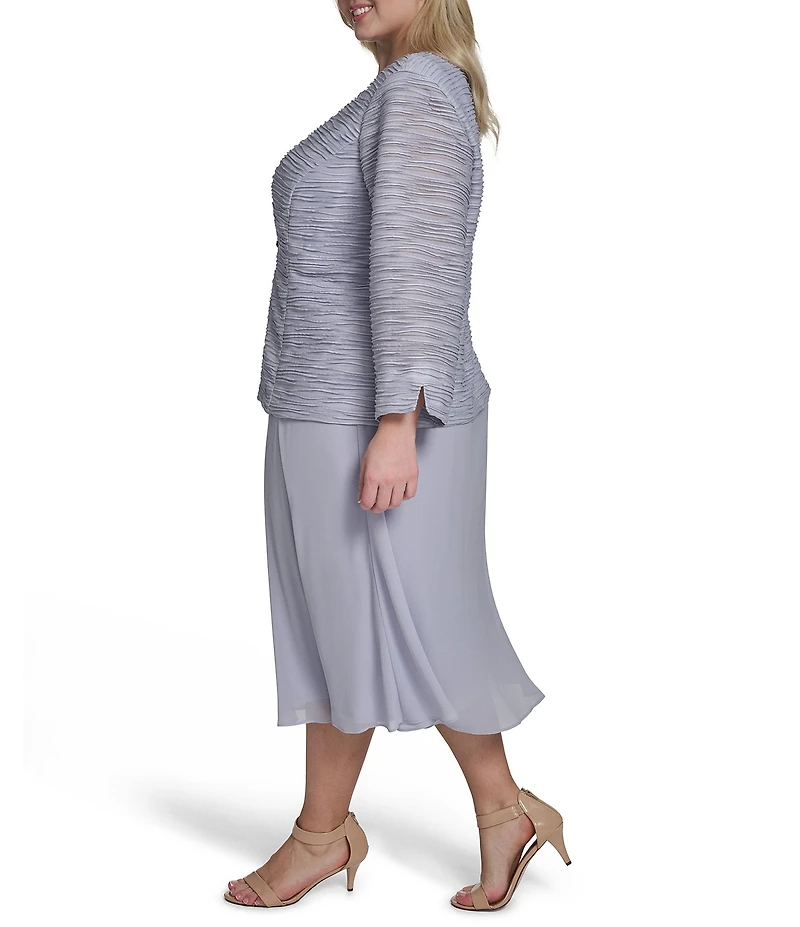 Jessica Howard Plus Size Metallic Wave Knit Chiffon 3/4 Sleeve 2-Piece Jacket Dress
