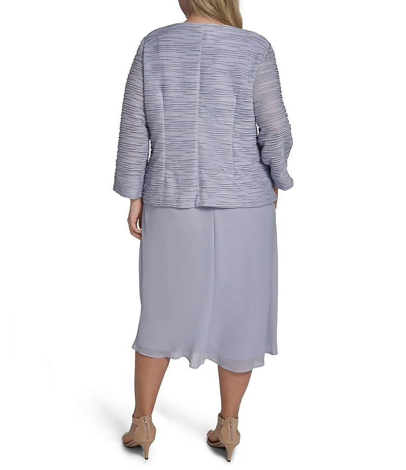 Jessica Howard Plus Size Metallic Wave Knit Chiffon 3/4 Sleeve 2-Piece Jacket Dress