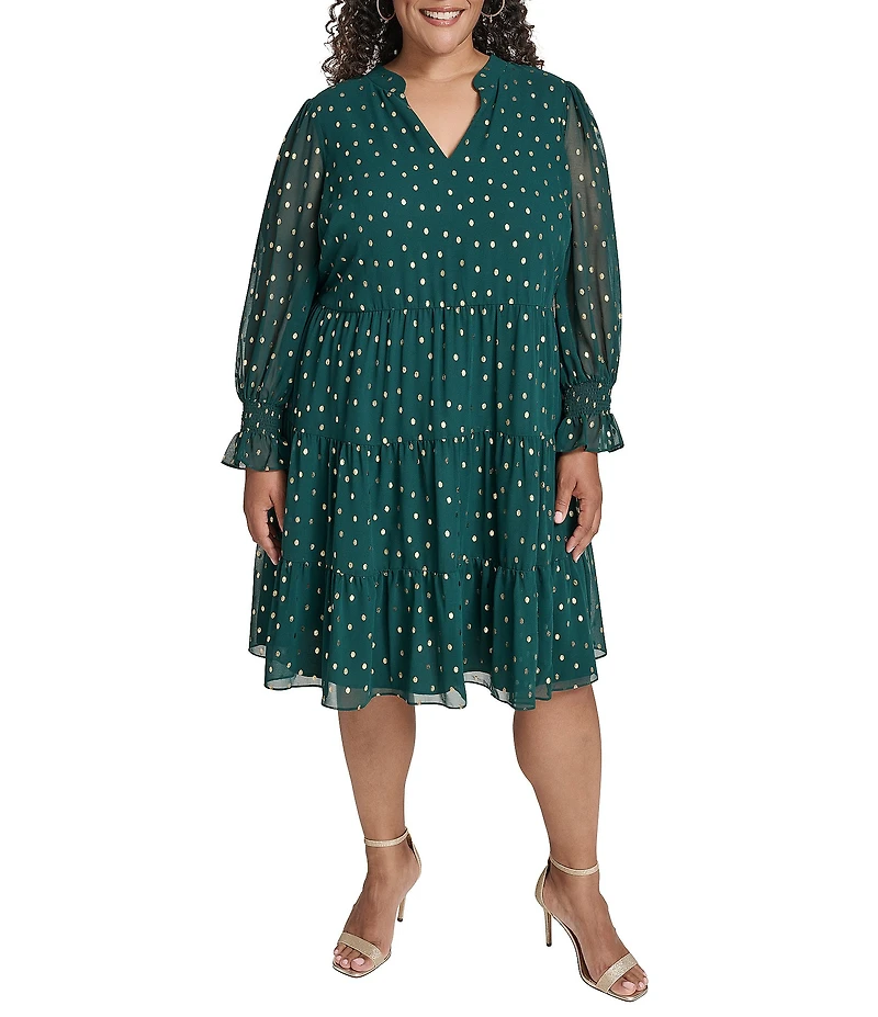 Jessica Howard Plus Size Polka Dot Chiffon Long Sleeve Tiered Skirt Babydoll Dress