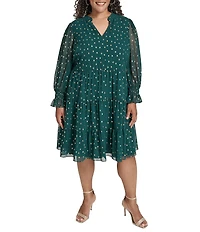 Jessica Howard Plus Size Polka Dot Chiffon Long Sleeve Tiered Skirt Babydoll Dress