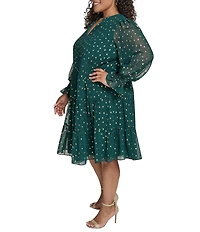 Jessica Howard Plus Size Polka Dot Chiffon Long Sleeve Tiered Skirt Babydoll Dress