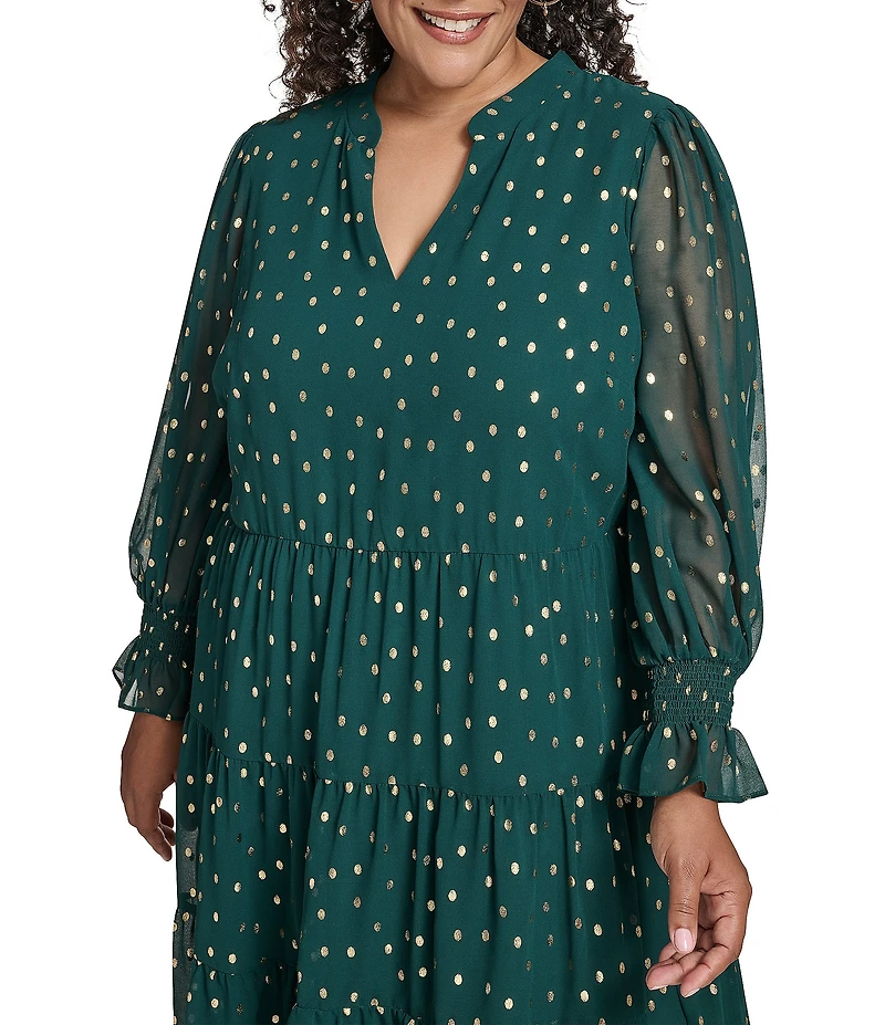 Jessica Howard Plus Size Polka Dot Chiffon Long Sleeve Tiered Skirt Babydoll Dress