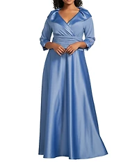 Jessica Howard Plus Size Portrait Collar V-Neck 3/4 Sleeve Rhinestone Cuff Ruched Waist Satin Gown