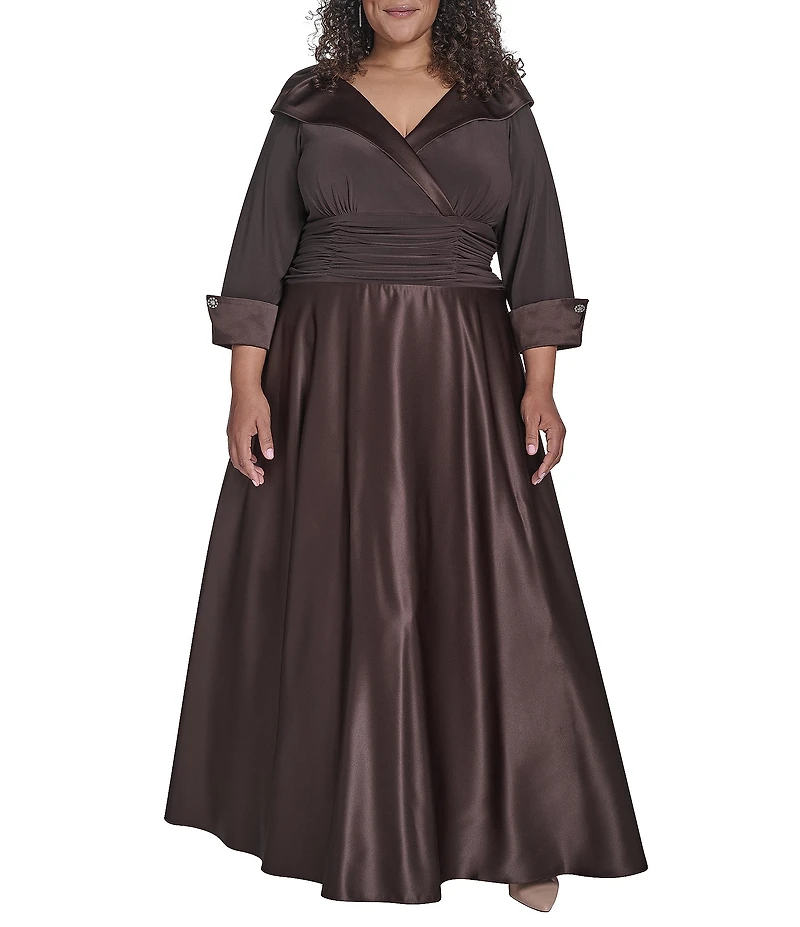 Jessica Howard Plus Size Portrait Collar V-Neck 3/4 Sleeve Rhinestone Cuff Ruched Waist Satin Gown