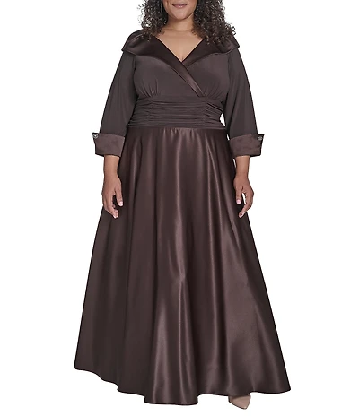 Jessica Howard Plus Size Portrait Collar V-Neck 3/4 Sleeve Rhinestone Cuff Ruched Waist Satin Gown