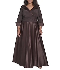 Jessica Howard Plus Size Portrait Collar V-Neck 3/4 Sleeve Rhinestone Cuff Ruched Waist Satin Gown