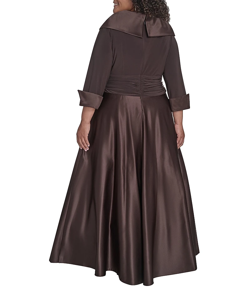 Jessica Howard Plus Size Portrait Collar V-Neck 3/4 Sleeve Rhinestone Cuff Ruched Waist Satin Gown