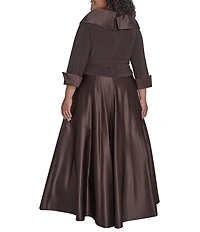 Jessica Howard Plus Size Portrait Collar V-Neck 3/4 Sleeve Rhinestone Cuff Ruched Waist Satin Gown