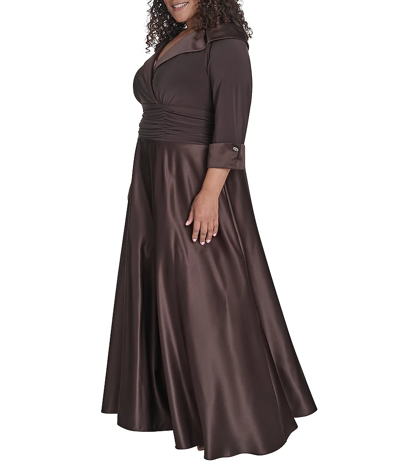Jessica Howard Plus Size Portrait Collar V-Neck 3/4 Sleeve Rhinestone Cuff Ruched Waist Satin Gown